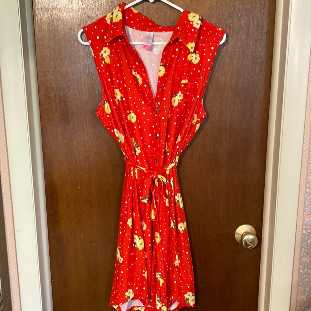 Red floral button down dress